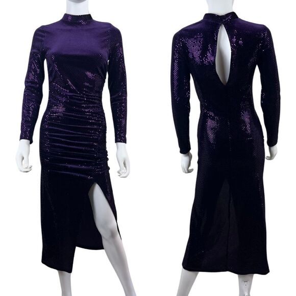 Zara Dresses & Skirts - Zara Women Size XS Purple Sequins Velvet Ruched Midi Dress Long Sleeve Mock Neck